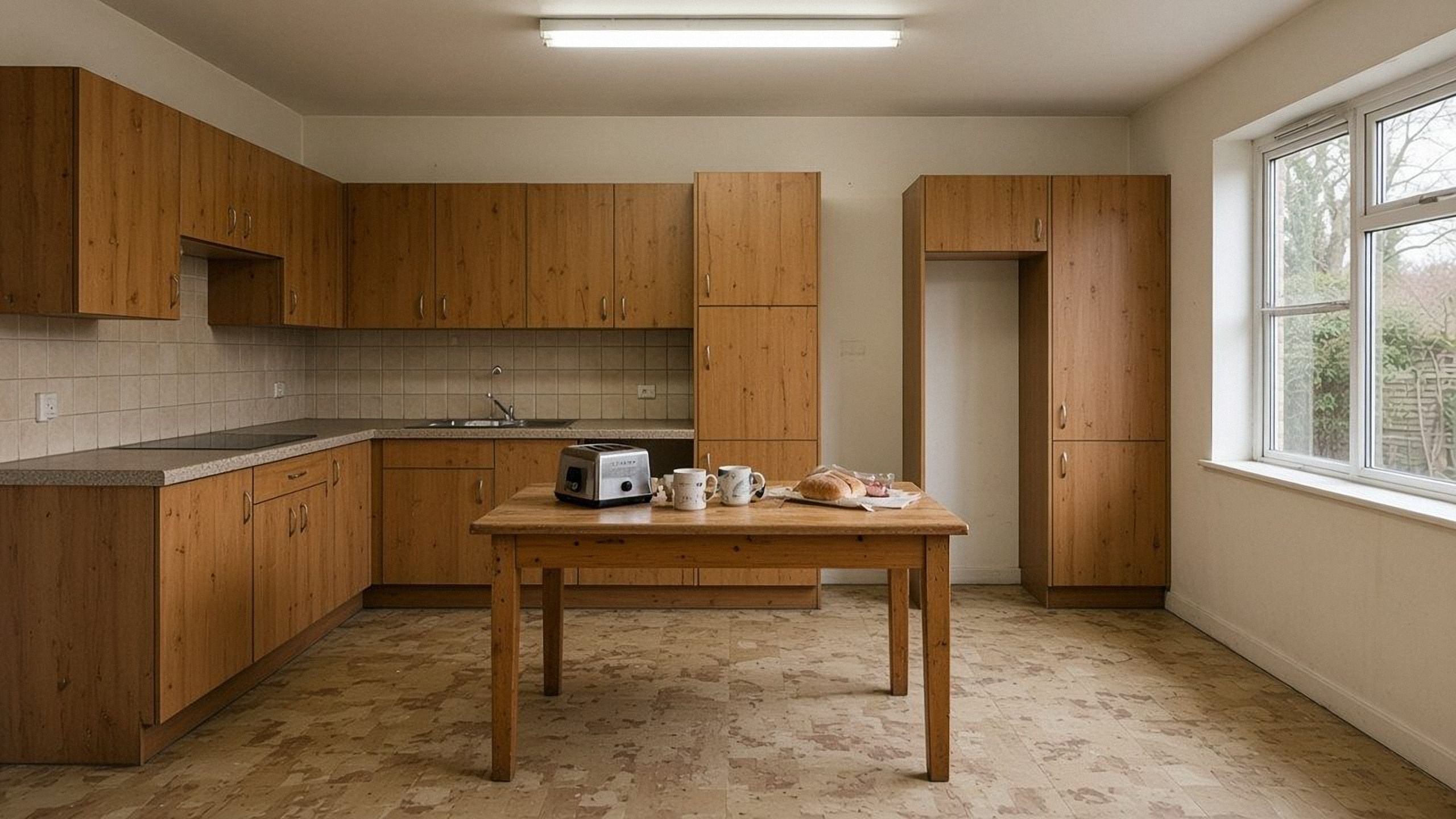 The same kitchen before, dated with pine cupboards