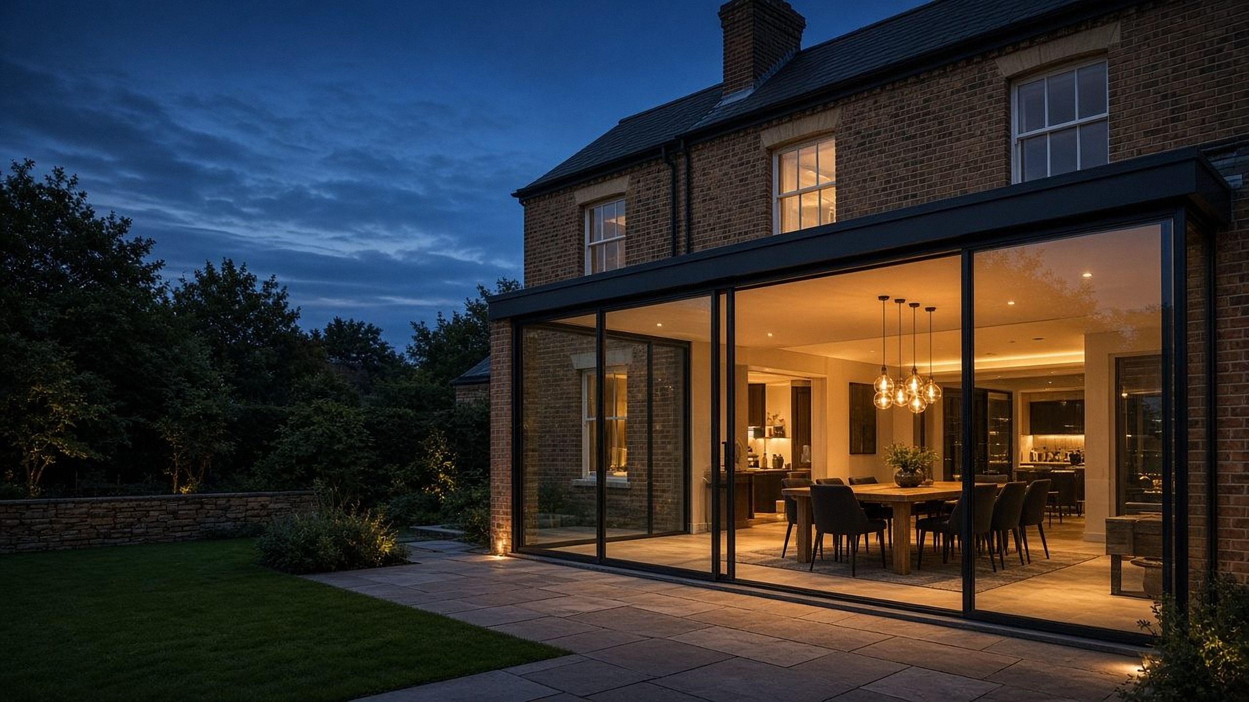 Prestbury glass extension at dusk