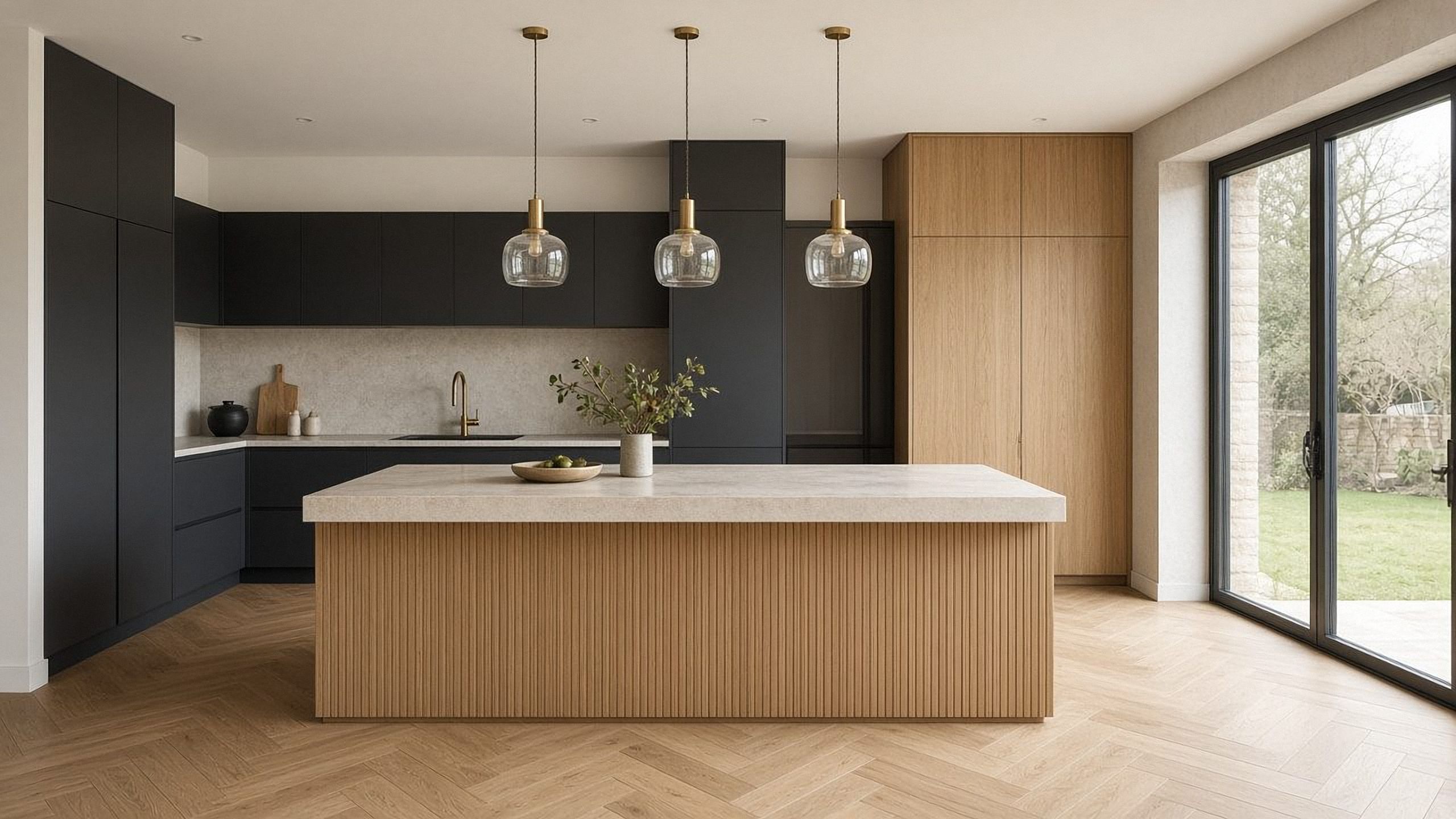 Finished open plan kitchen with a fluted oak island and limestone worktop